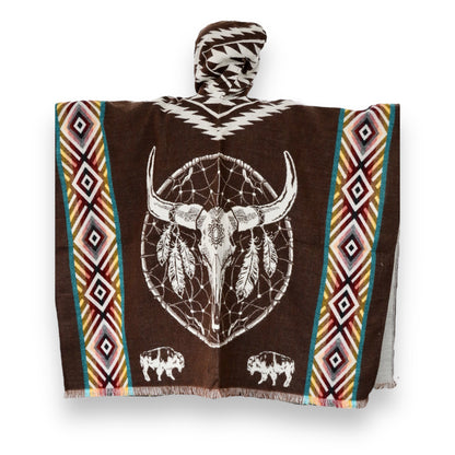 Alpaca Wool “Warrior Buffalo Skull ” Hooded Poncho.