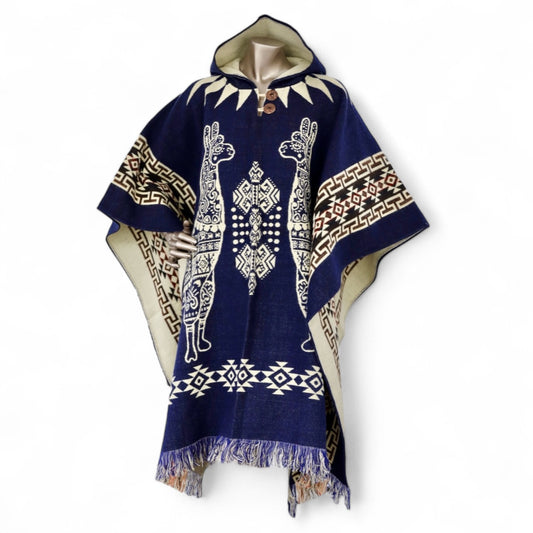 “Llamas” Alpaca Wool - Hooded Andean Poncho